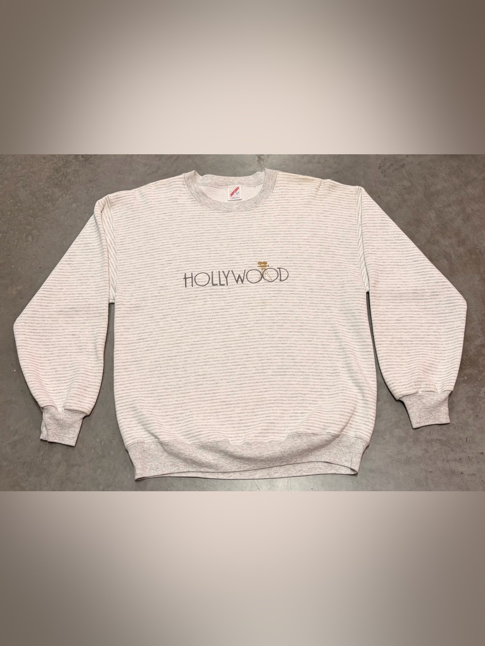 HOLLYWOOD Vintage Embroidered Striped Crewneck Top - Light Gray